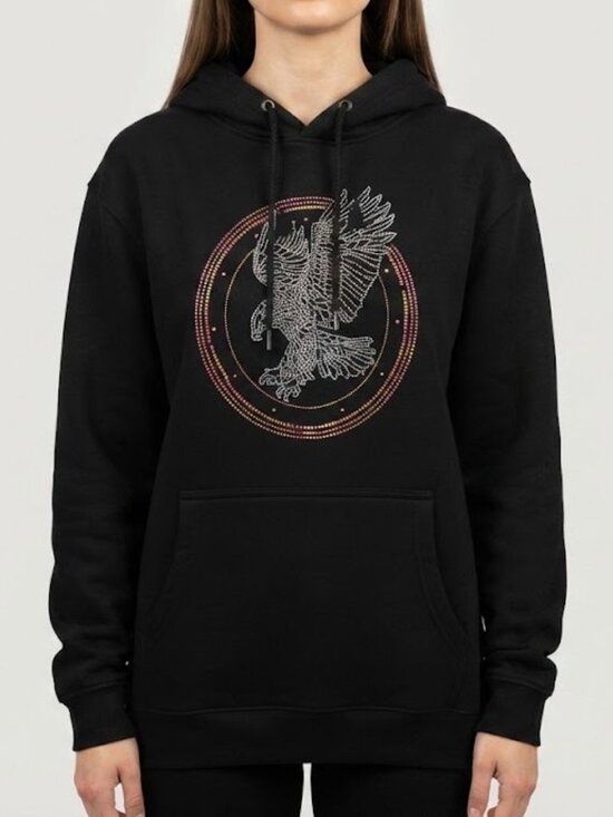 Tops - Black Pullover Hoodie with Eagle Rhinestone Graphic